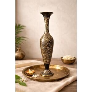 Vintage Indian 1960s Brass Black Lacquer Gold Hand-Etched Floral Vase, 3x13.75”